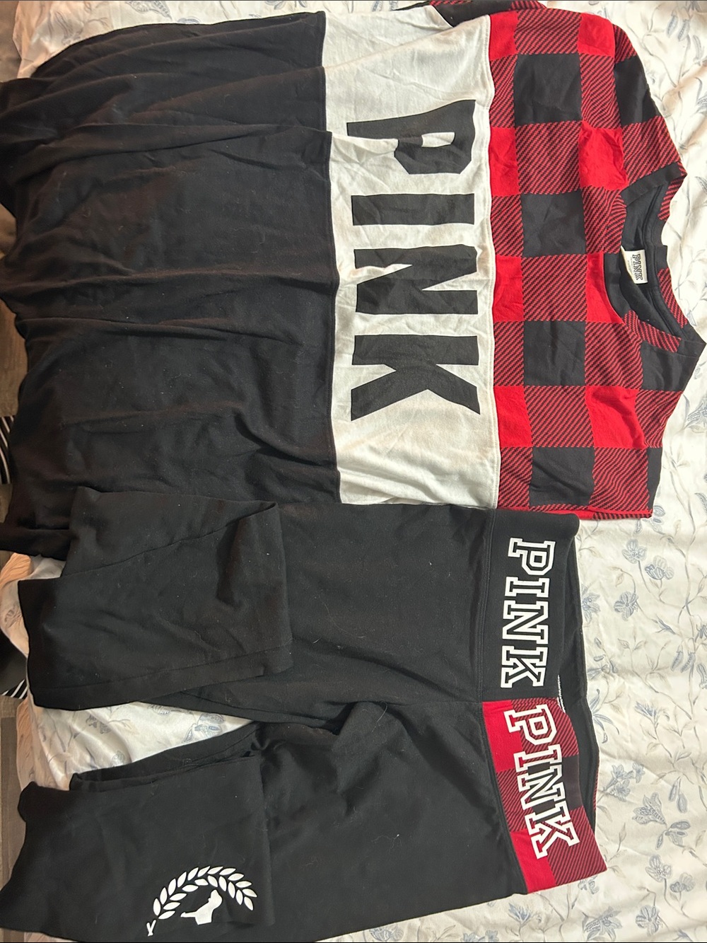 PINK Victoria's Secret Red Buffalo Plaid & Black Logo Set